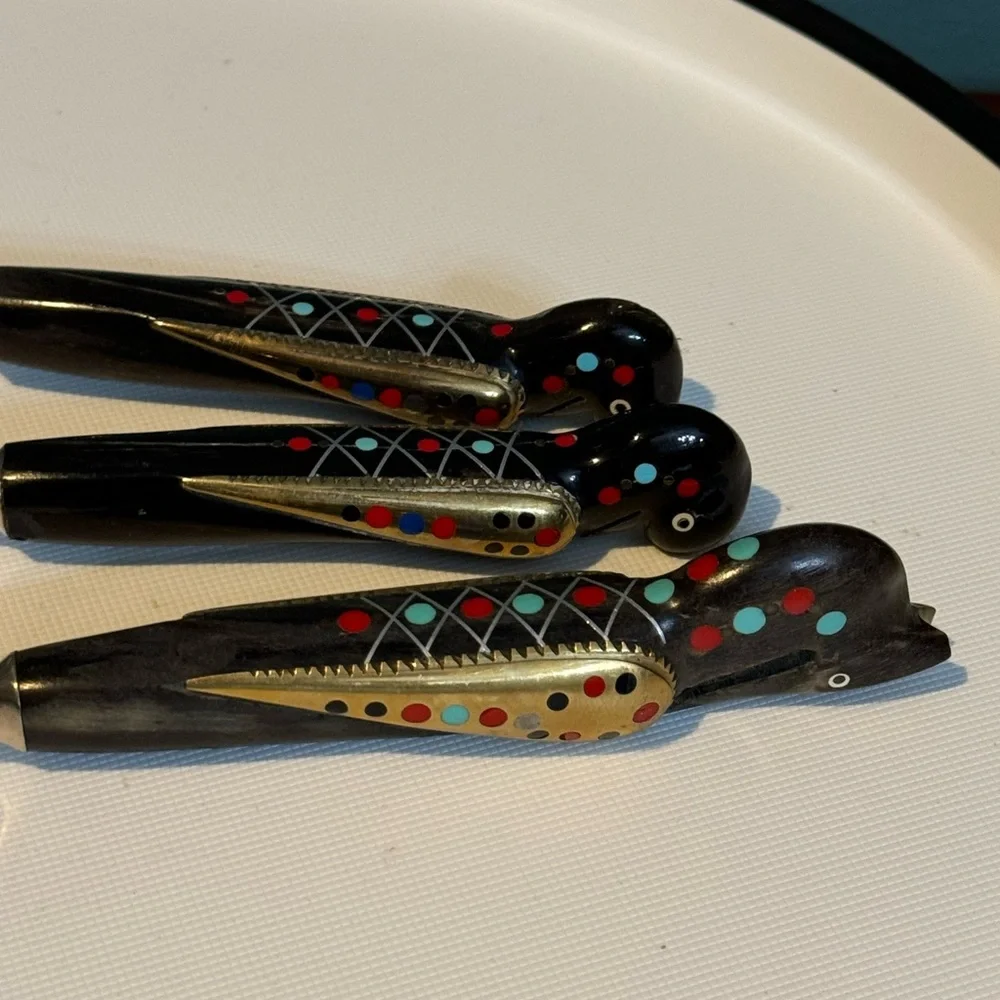Set of 3 Vintage LEBANON Carved Inlaid Figural Bird Handle spoon fork spatula